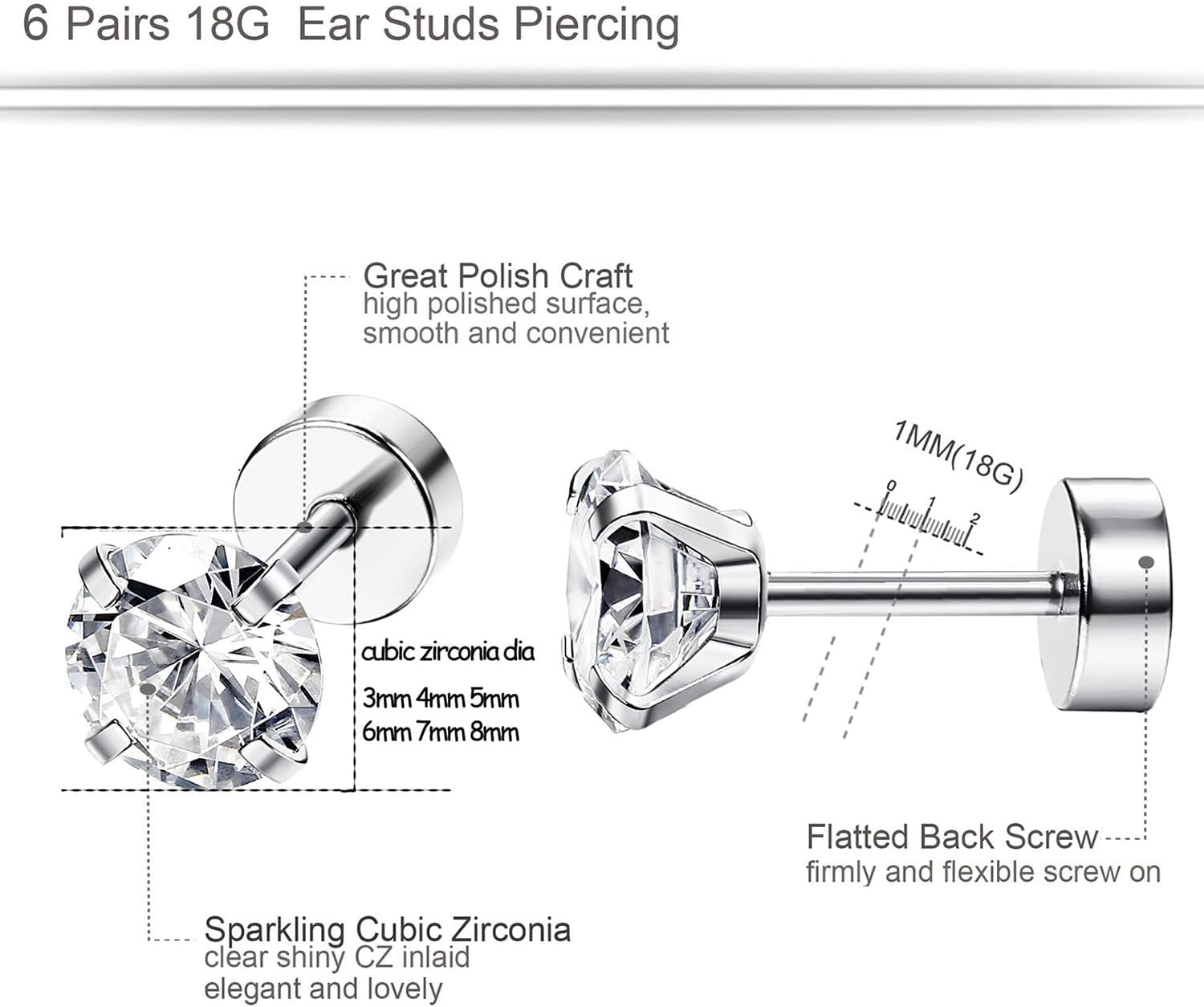 ORAZIO 6Pairs Hypoallergenic Flat Back Earrings 316L Stainless Steel Studs for Sensitive Ears, 3-8mm Cubic Zirconia, Stylish Jewelry for Women Men - Silver