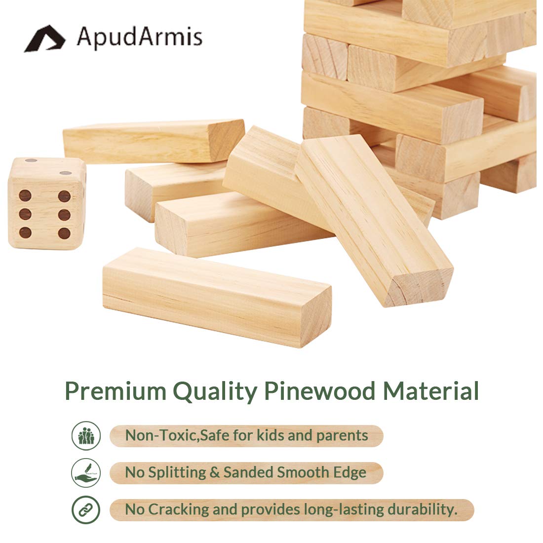 ApudArmis 60 PCS Giant Tumble Tower, (Stack up to 5Ft) Pine Wooden Stacking Timber Game with 1 Dice Set - Classic Block Giant Outdoor Game for Teens Adults Family