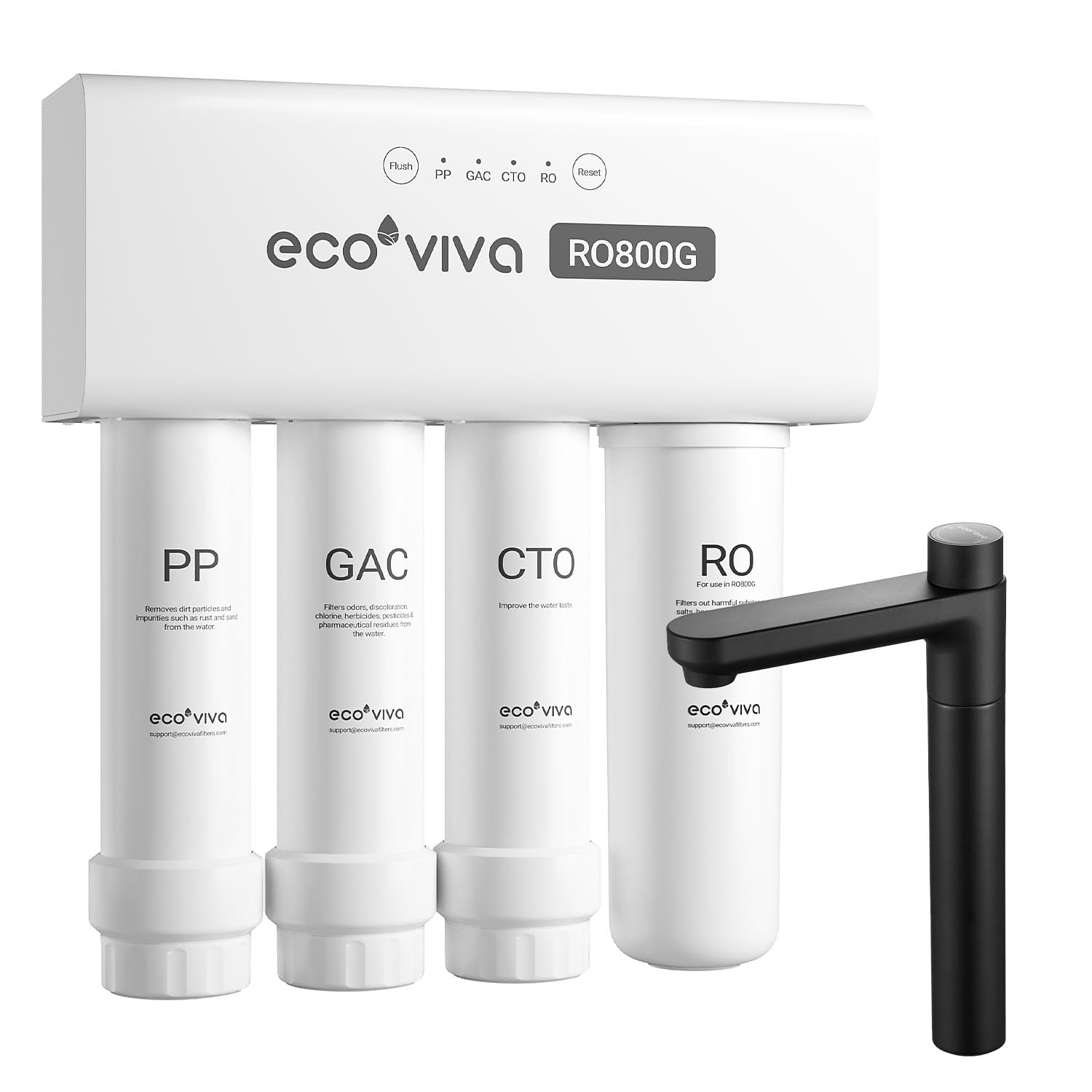 Ecoviva 1000GPD UnderSink Reverse Osmosis Water Filter RO Tankless Filtration System, Alkaline Water pH+, 8-Stage Filtration, Meet NSF/ANSI 58 Standard, 3:1 Pure-to-Drain Filter, With LED Smart Faucet