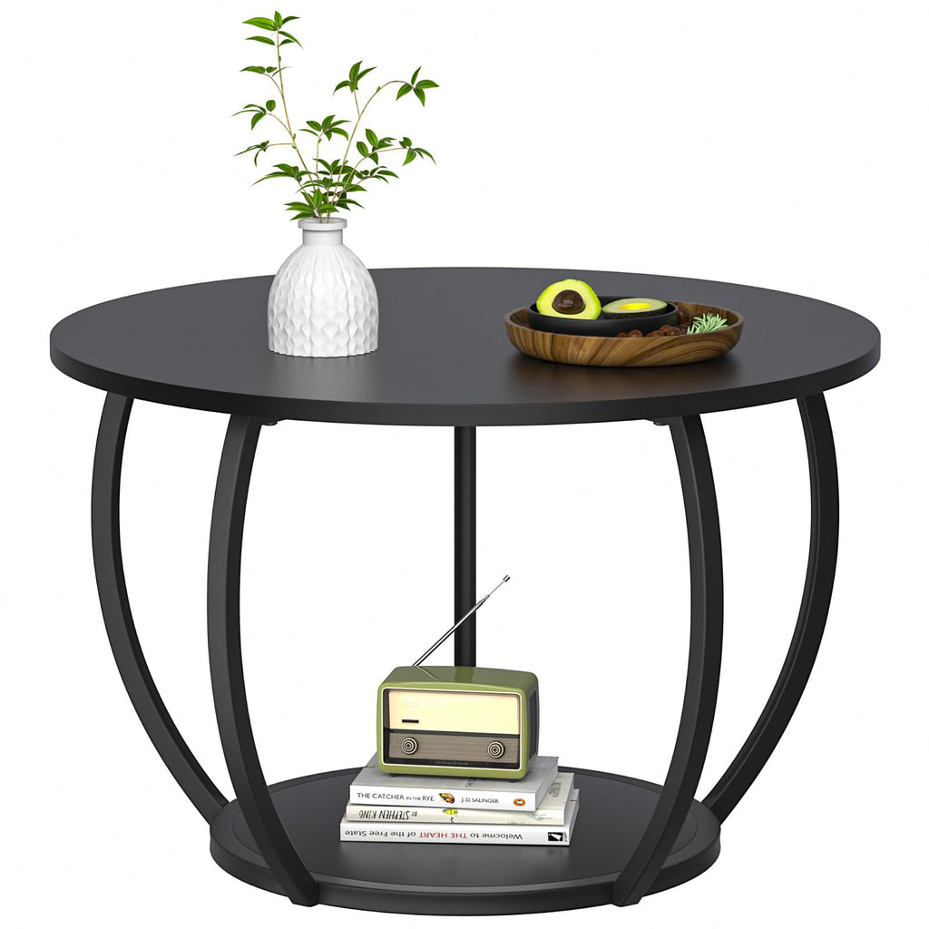 GreenForest Round Coffee Table with Storage, 27.6 inch Small Living Room Tables with Adjustable Feet, 2-Tier Farmhouse Center Table for Home Office, Marble