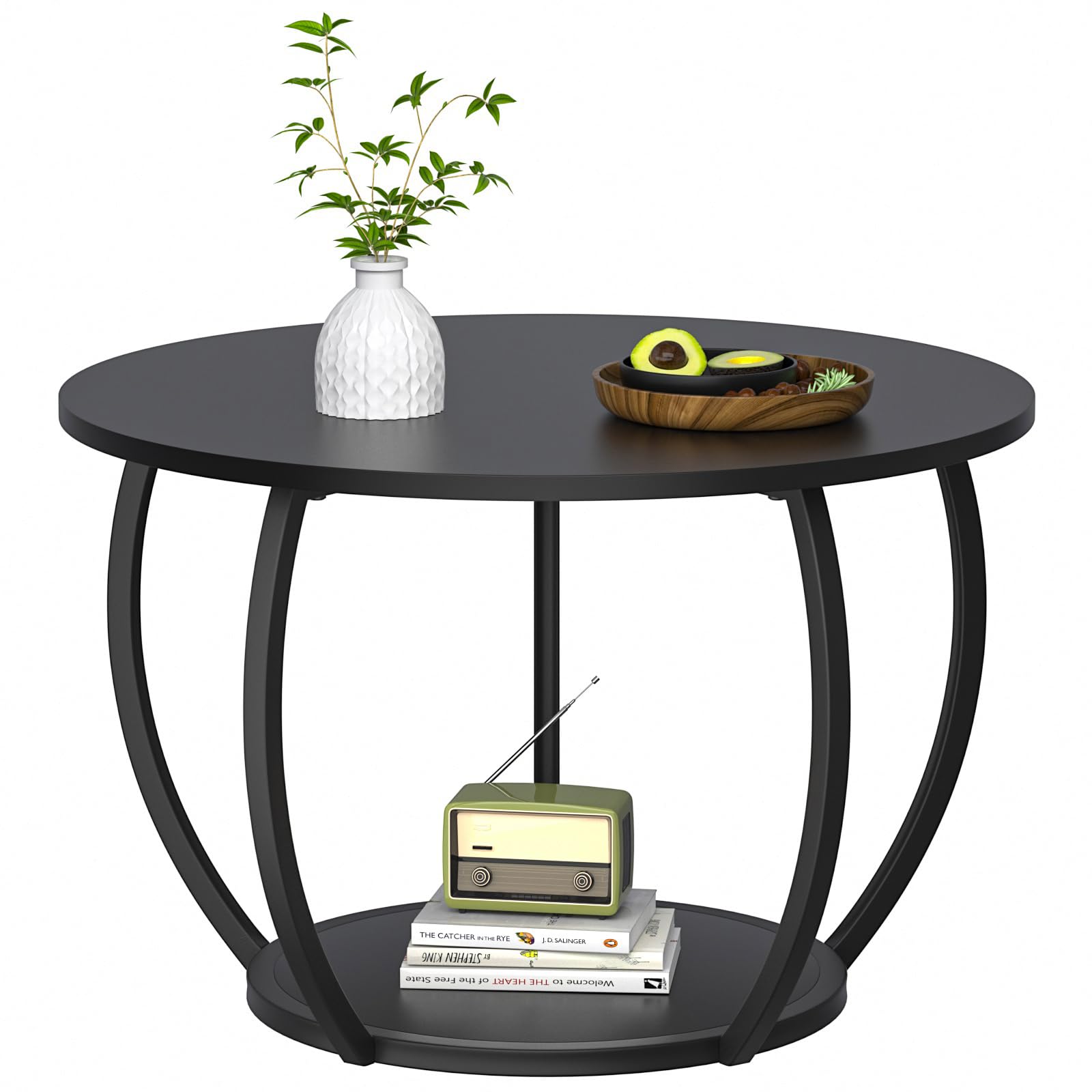 GreenForest Round Coffee Table with 2-Tier Open Storage, 27.6 inch Small Circle Coffee Tables with Adjustable Feet, Modern Mini Center Table for Small Living Room, Grey Wash