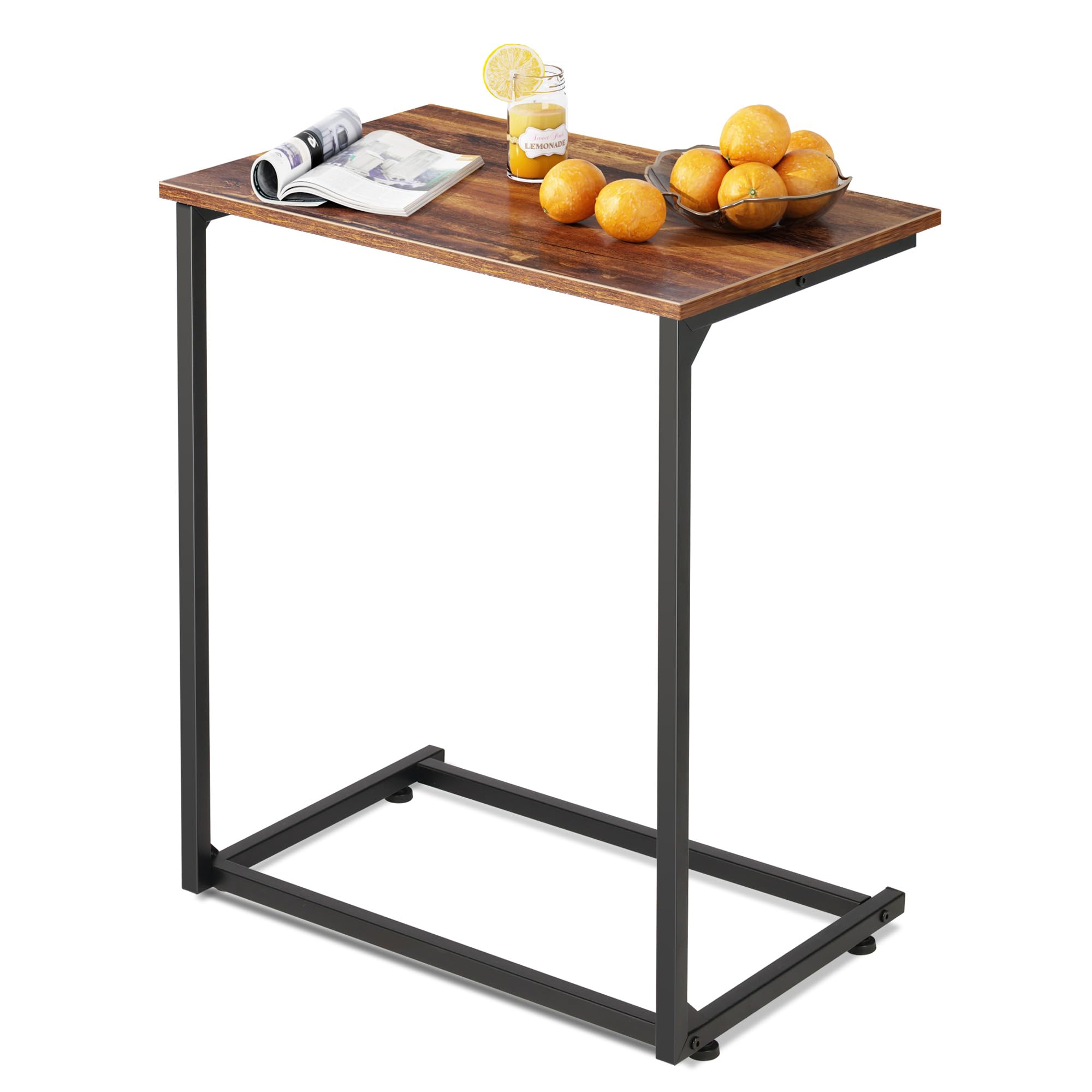 WLIVE C-Shaped End Table, Small Side Tables for Sofa, Wide Couch Table That Slide Under, Laptop Snack Table for Living Room, Bedroom, Home Office, Rustic Brown