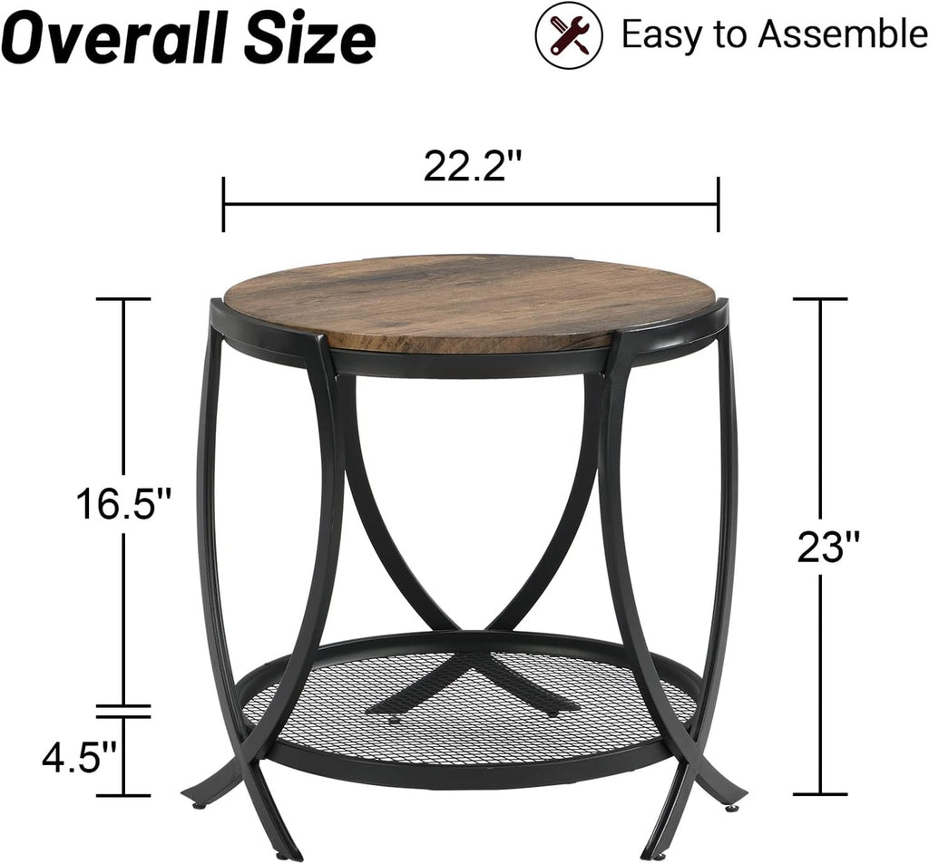 ASYA Industrial Round End Table with Storage Shelf, 2-Tier Side Table for Living Room, Adjustable Feet & lmitation Wood Grain Surface, Rustic Brown
