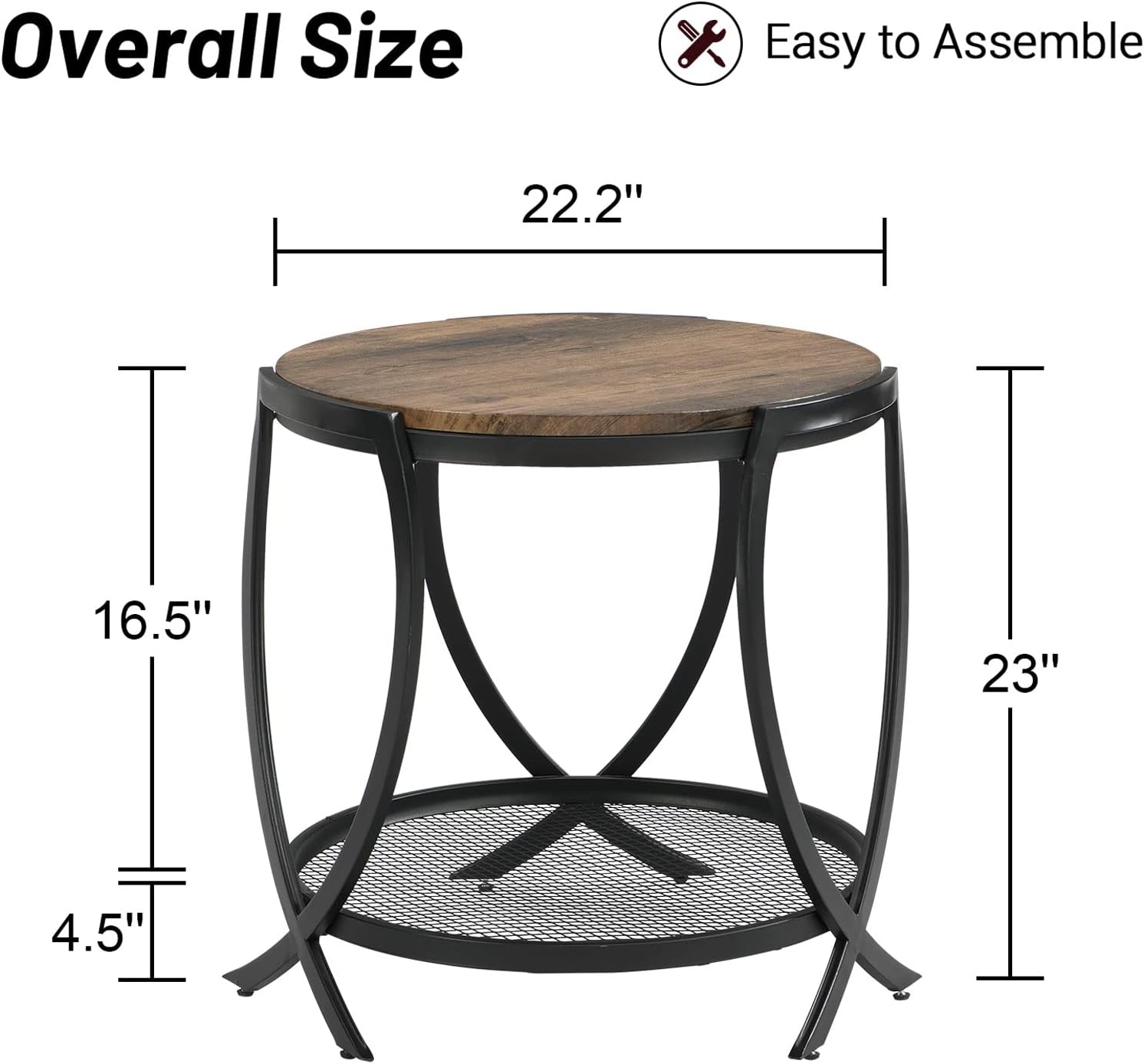 ASYA Industrial Round End Table with Storage Shelf, 2-Tier Side Table for Living Room, Adjustable Feet & lmitation Wood Grain Surface, Rustic Brown