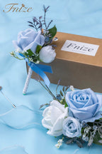 Fnize Blue Corsage and Boutonniere Set for Bride Groom Bridesmaids Groomsmen Wedding Homecoming Flowers Prom Suit Accessories, Rose Boutonniere and Wrist Corsage Flower - Grand Goldman