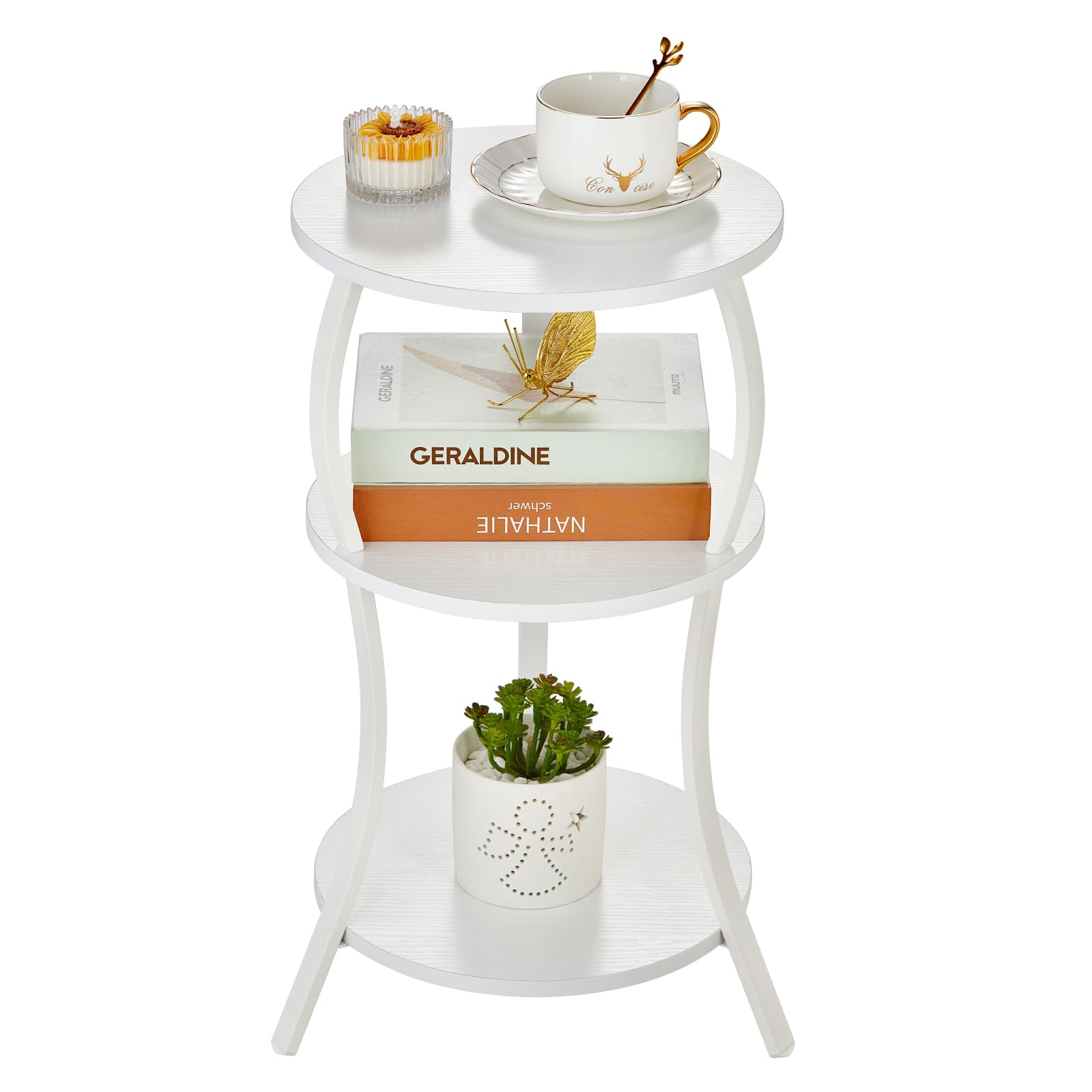 Vintage Small Round Side Table, 3-Tier Slim Waist Circular End Table with Storage Shelf, Compact Tea Sofa Table, Round Corner Coffee Table Nightstand for Living Room Bedroom Small Spaces,Rustic Brown