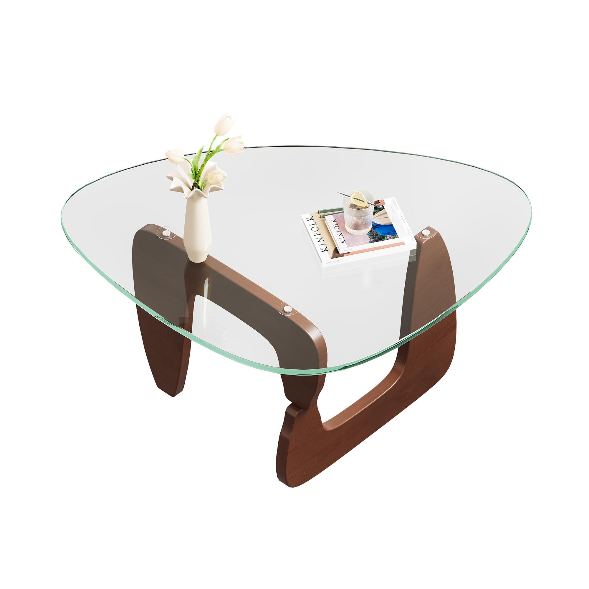 WLIVE Coffee Table, Small Glass Coffee Table with Solid Wood Legs, 32.7" Mid Century Triangle Living Room Tables, Modern Center Table for Small Spaces Living Room, Reception, Office, Natural