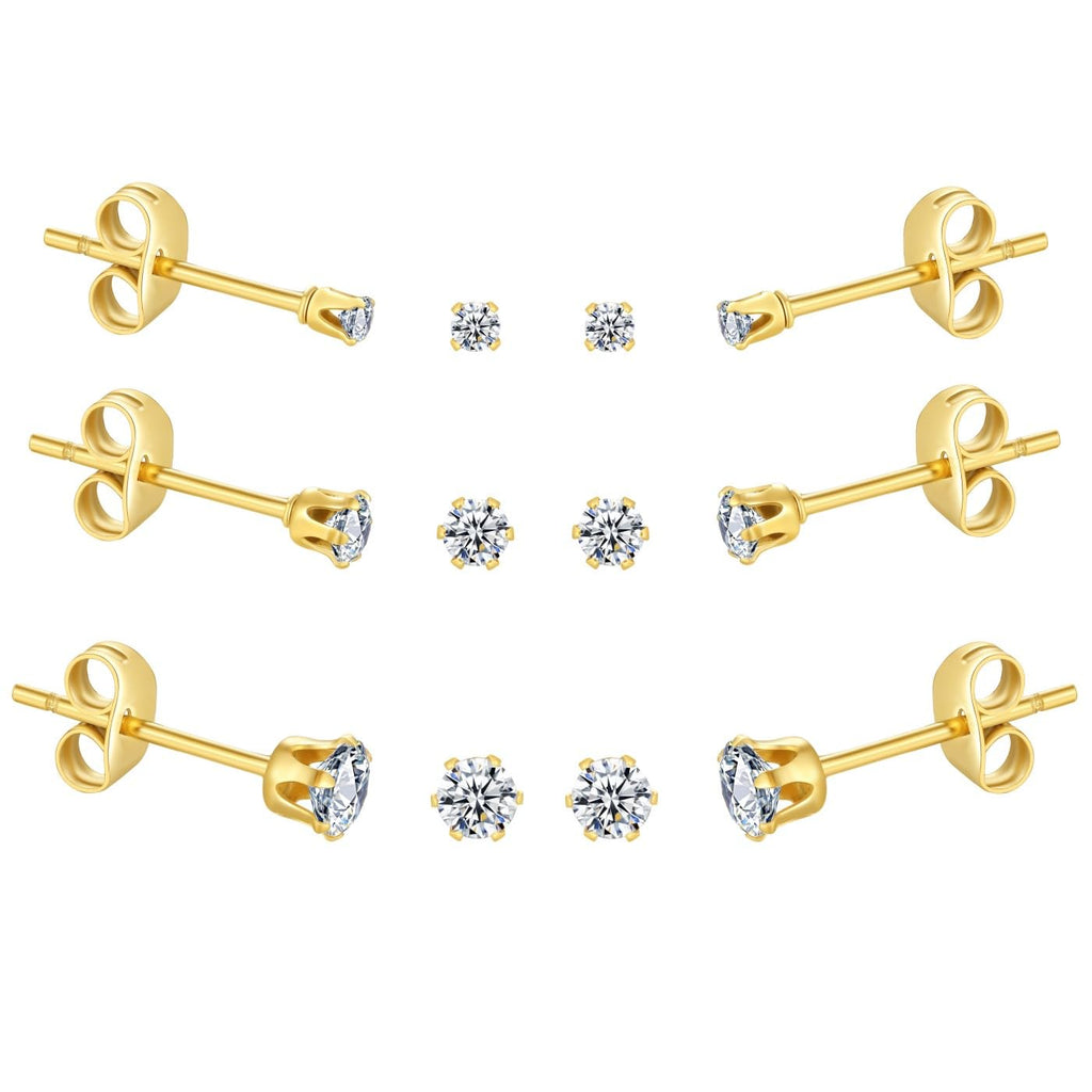 6-10 Pairs Tiny Women's Stainless Steel Round Clear Cubic Zirconia Stud Earrings, Hypoallergenic Surgical Steel Earrings Set, 2mm 3mm 4mm CZ,