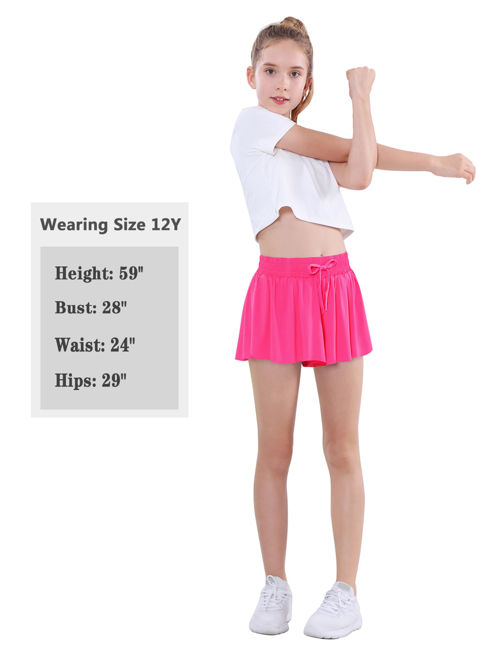 EXARUS 3 Pack Girls Butterfly Shorts Flowy Athletic Dance Cheer Running 2 in 1 Preppy Tennis Flutter Gym Kids Activewear Hot Pink Blue Purple 8Y