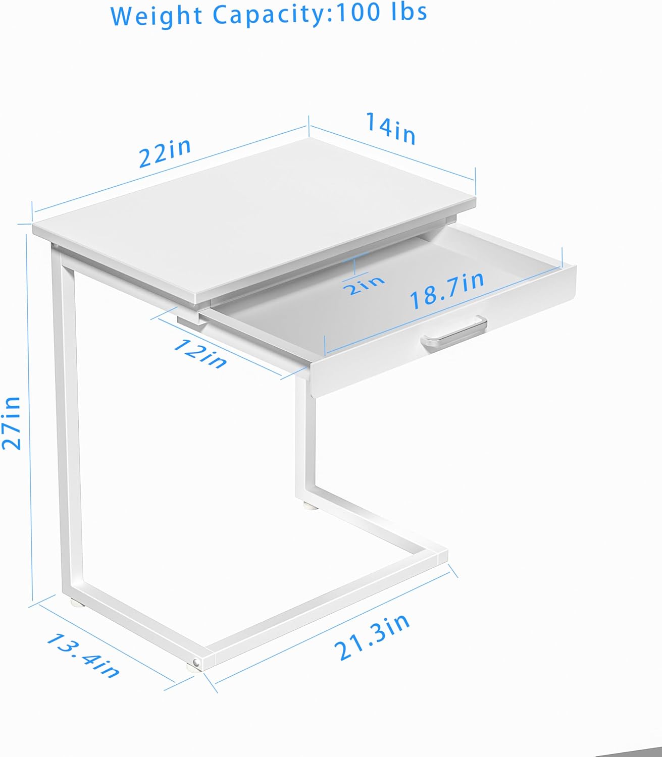 C Shaped End Table,Small Couch Side Table with Drawer,for Living Room, Bedroom Magazines, Computers, Coffee, Small Objects Storage.White