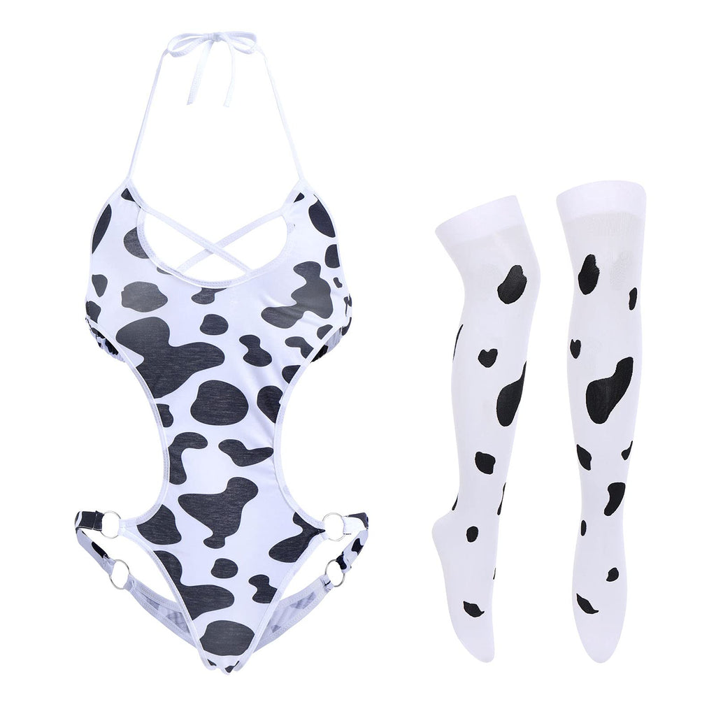 FYMNSI Women Sexy Milk Cow Lingerie Set Anime Maid Cosplay Costume Mini Bikini Bra Bodysuit with Bell Choker Stockings Outfit