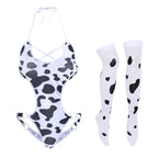 FYMNSI Women Sexy Milk Cow Lingerie Set Anime Maid Cosplay Costume Mini Bikini Bra Bodysuit with Bell Choker Stockings Outfit