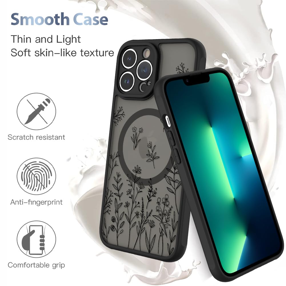 AIGOMARA Magnetic Case for iPhone 13 Pro Max [Compatible with MagSafe] Cute Black Flower Floral Case for Women Girls Soft TPU Bumper Hard PC Back Anti-Fall Shockproof Protective Slim Cover