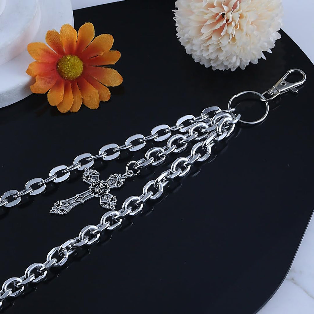 ANGLEQUEEN Chaînes de portefeuille à couches punk pour hommes et femmes Argent Croix Gland Chaîne de portefeuille Chaîne de poche Hip Hop Bijoux gothiques Chaînes de jean pour hommes (style6)