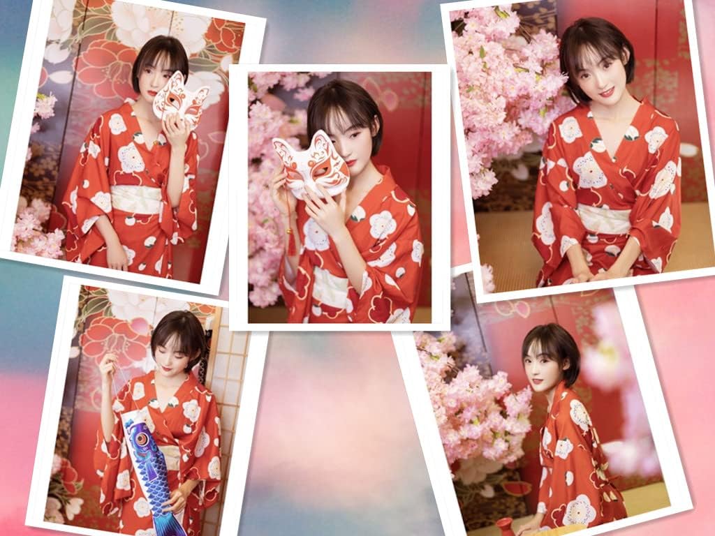 Japanese Anime Women's Long Kimono Robe Fancy Dress Hand Held Silk Folding Fans Tabi Socks Hairstick Set Sakura Red