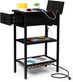 Small Black Side Table Charging Station for Bedroom, Narrow Black Living Room End Tables with Storage, Skinny USB Nightstand with Outlet, Gaming Coffee Table for Couch with USB Ports