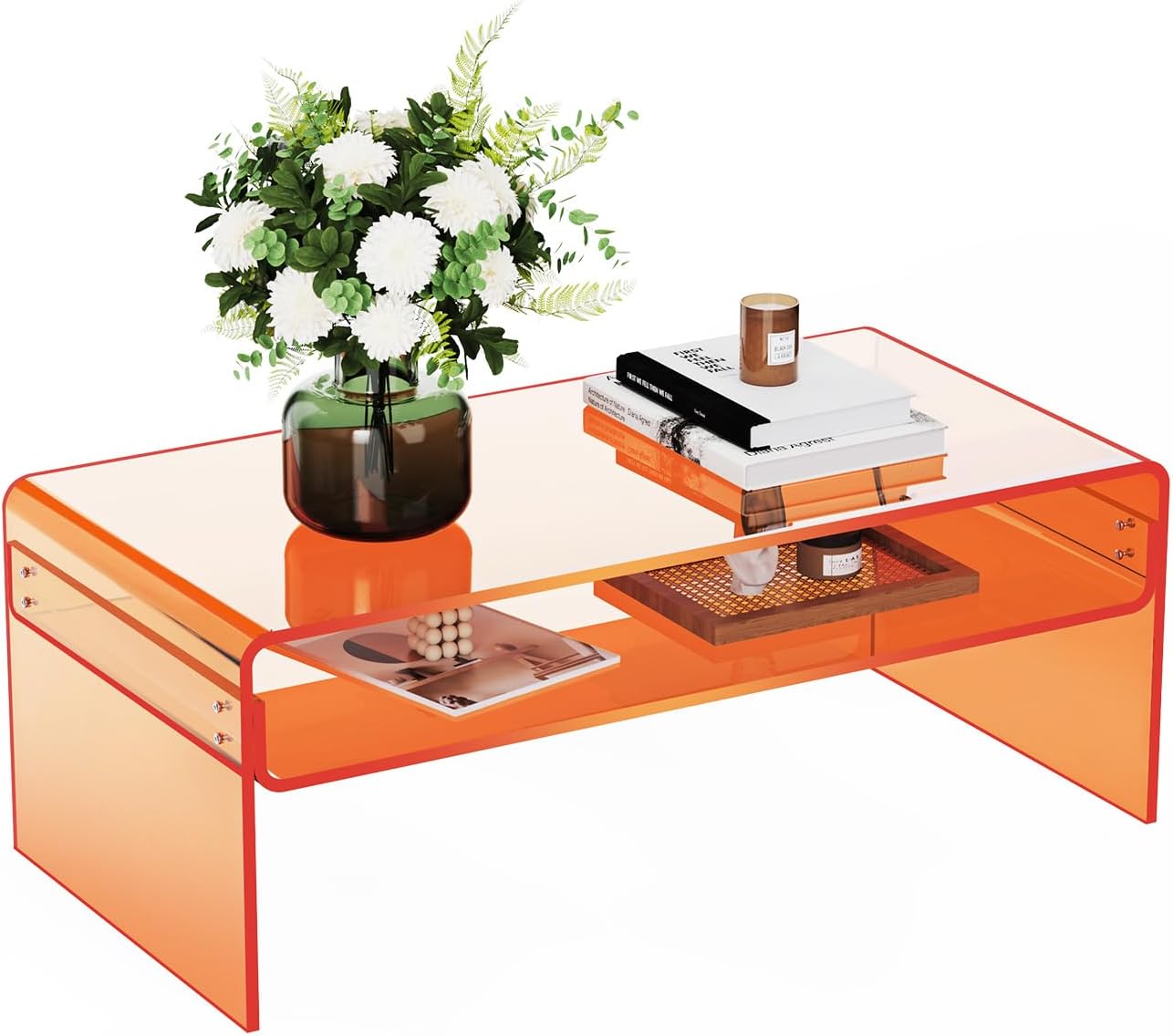 Acrylic Coffee Table for Living Room Clear Rectangle Lucite Table with Open Storage Shelf, Orange