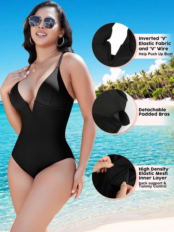 SHAPERIN Women One Piece Swimsuit Tummy Control Bathing Suits Sexy Deep V Neck Spaghetti Strap Push Up Swimwear Monokini Black S