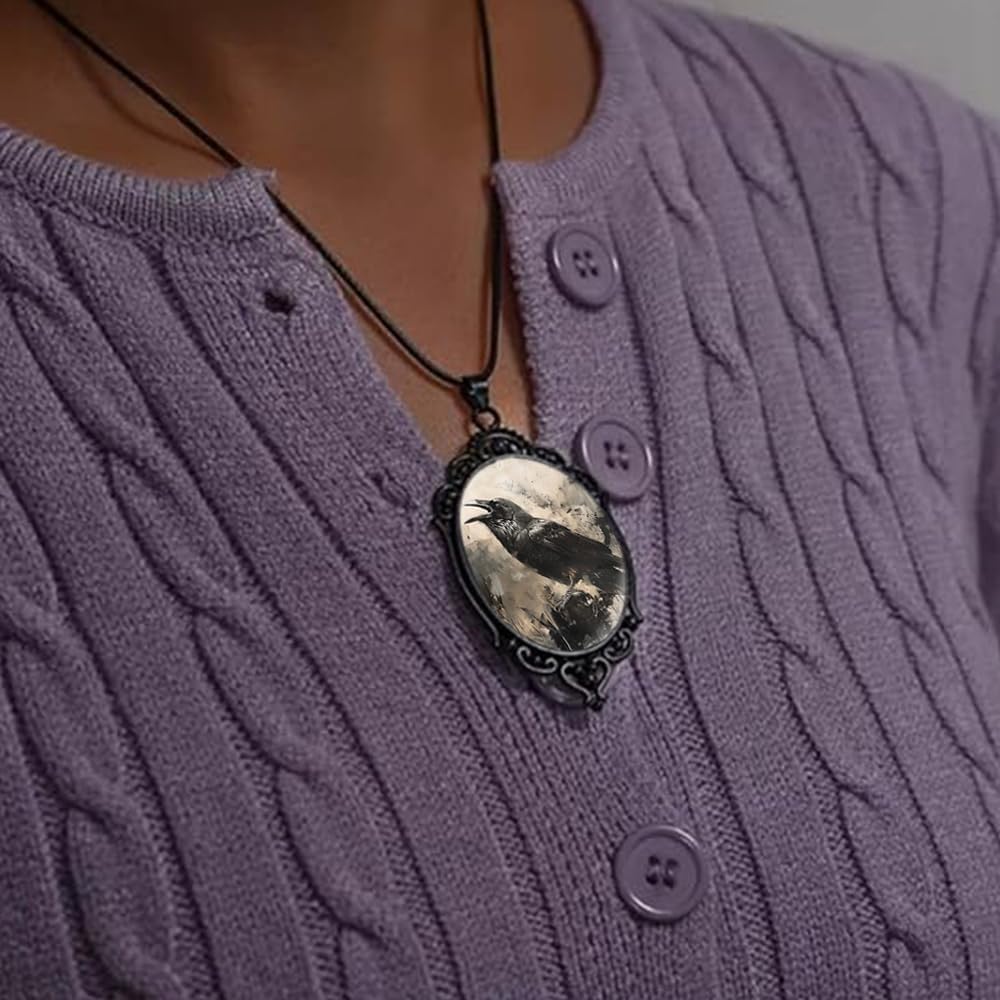 YWMAN Goth Raven Cameo Necklace Set Vintage Gothic Crow Cross Pendant Halloween Witch Costume Accessories Women Chocker Jewelry Gift