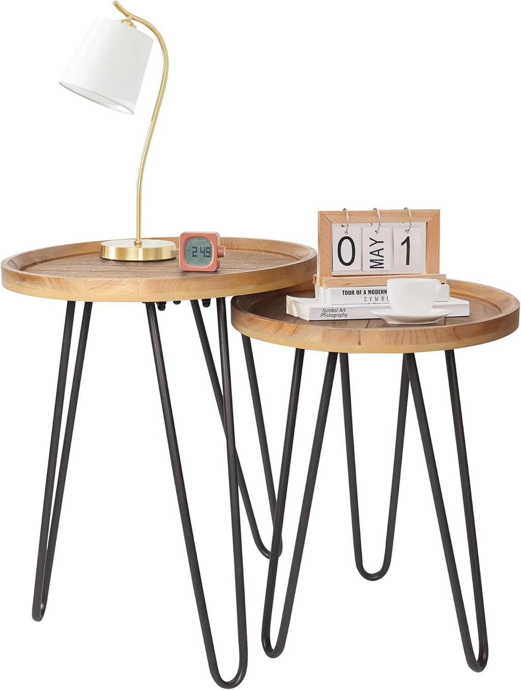 Oakrain Nesting Tables for Living Room, Round Nesting Coffee Table, Farmhouse End Tables Living Room Set of 2, Wood Side Tables Set of 2 for Sofa, Bedroom