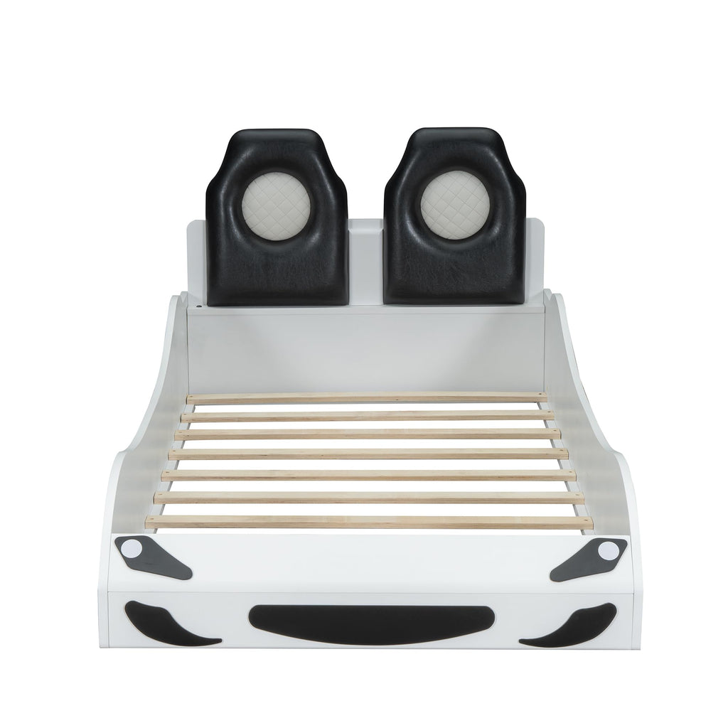 Merax Twin Size racerbilseng med LED og polstret rygstøtte hovedgærde, PU bilformet platformsseng med hjul og beskyttelsesgelændere, trælamelstøtte, ingen boxmadras nødvendig