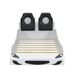 Merax Twin Size racerbilseng med LED og polstret rygstøtte hovedgærde, PU bilformet platformsseng med hjul og beskyttelsesgelændere, trælamelstøtte, ingen boxmadras nødvendig