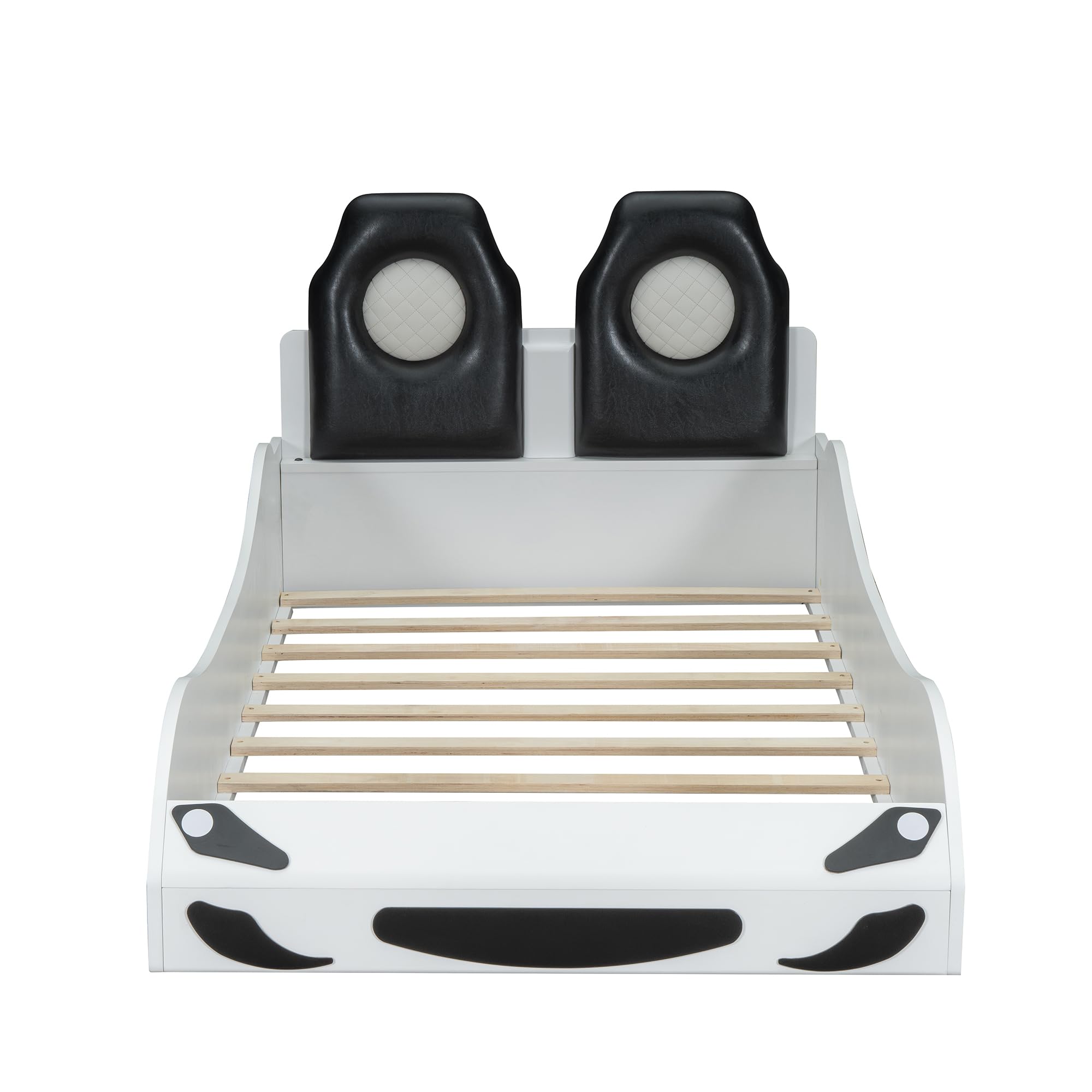 Merax Twin Size racerbilseng med LED og polstret rygstøtte hovedgærde, PU bilformet platformsseng med hjul og beskyttelsesgelændere, trælamelstøtte, ingen boxmadras nødvendig