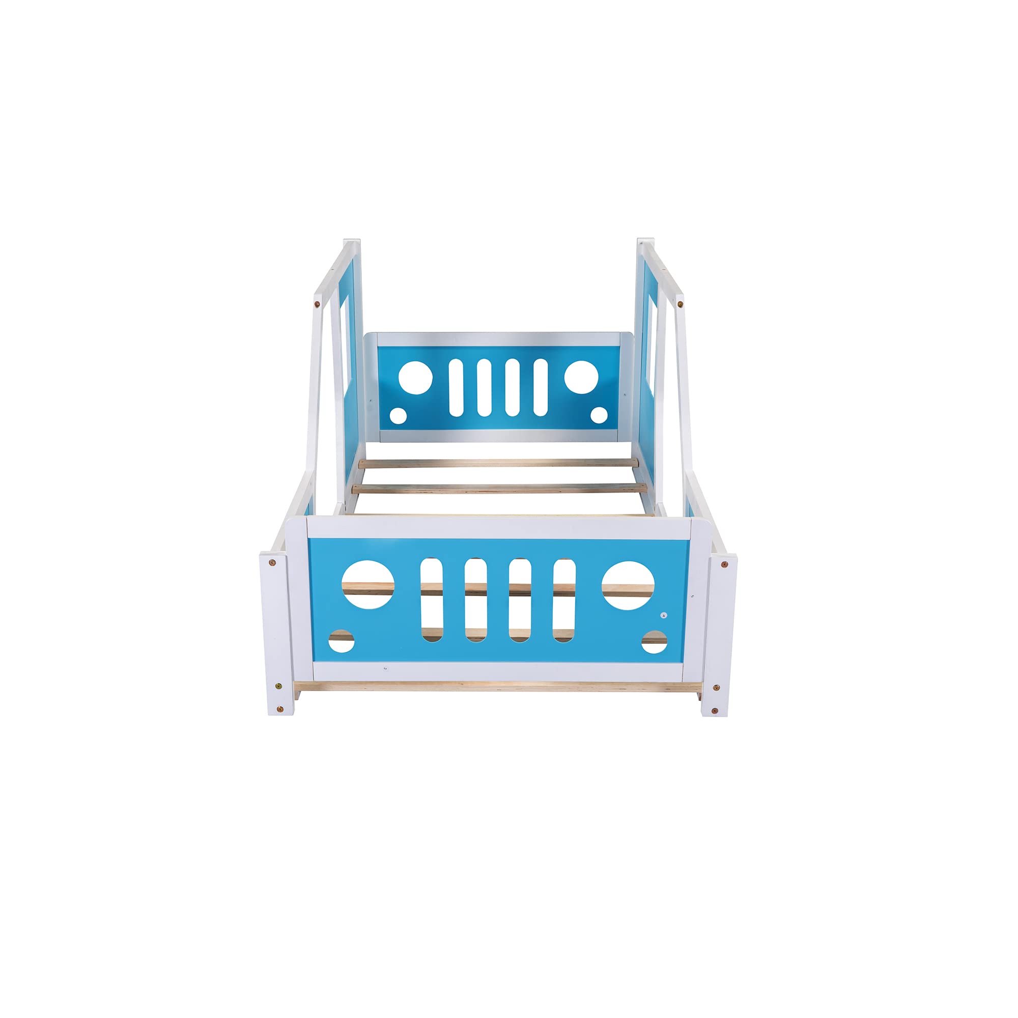 Bellemave Twin Bil Sengestel, Klassisk Bilformet Børneseng med Hjul, Træ Montessori Gulvseng til Børn (Blå & Sort)
