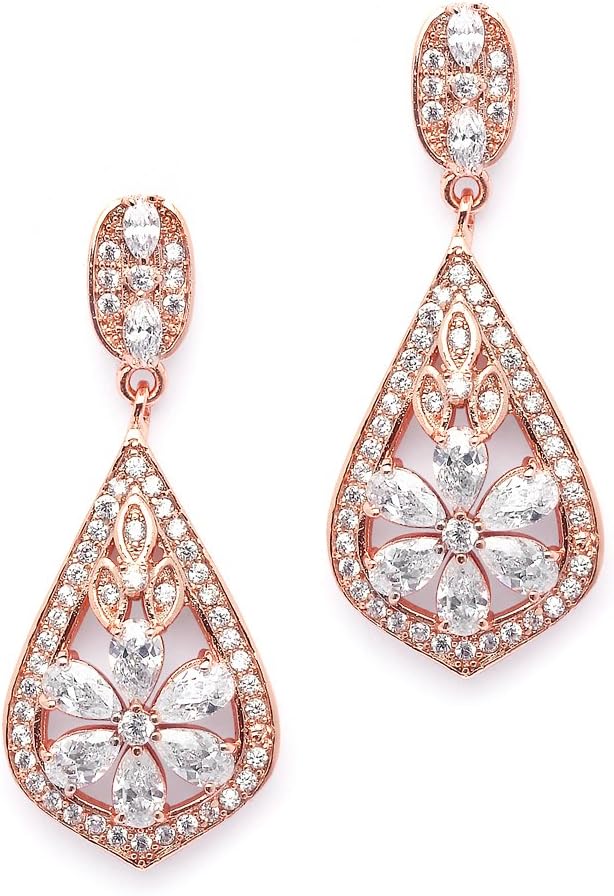 Mariell CZ Clip On Rose Gold Earrings - Art Deco Jewelry for Weddings, Bridal, Bridesmaids & Formals