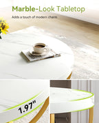 LITTLE TREE Round Coffee Table, 32" Circle Faux Marble Coffee Tables for Living Room, 2-Tier Golden Metal Legs Accent Center Table with Open Storage Modern Design Home Furniture (White and Gold)