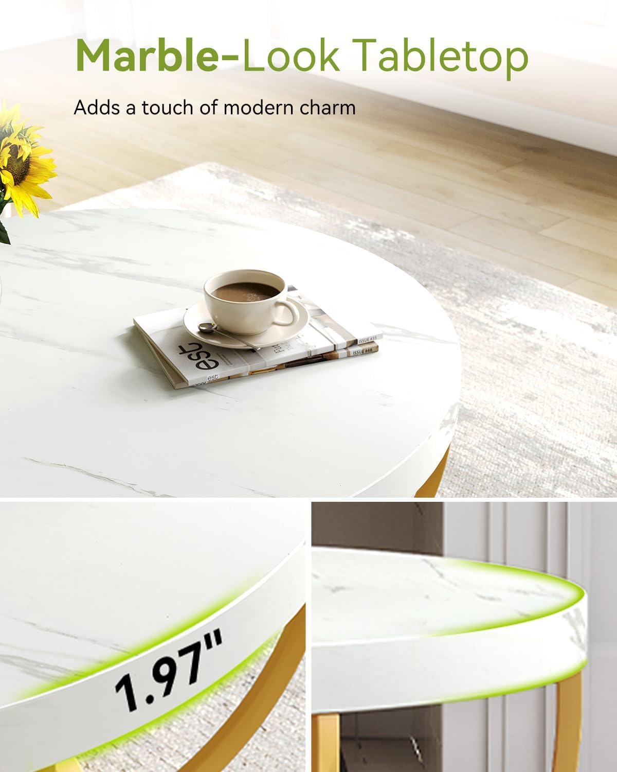 LITTLE TREE Round Coffee Table, 32" Circle Faux Marble Coffee Tables for Living Room, 2-Tier Golden Metal Legs Accent Center Table with Open Storage Modern Design Home Furniture (White and Gold)