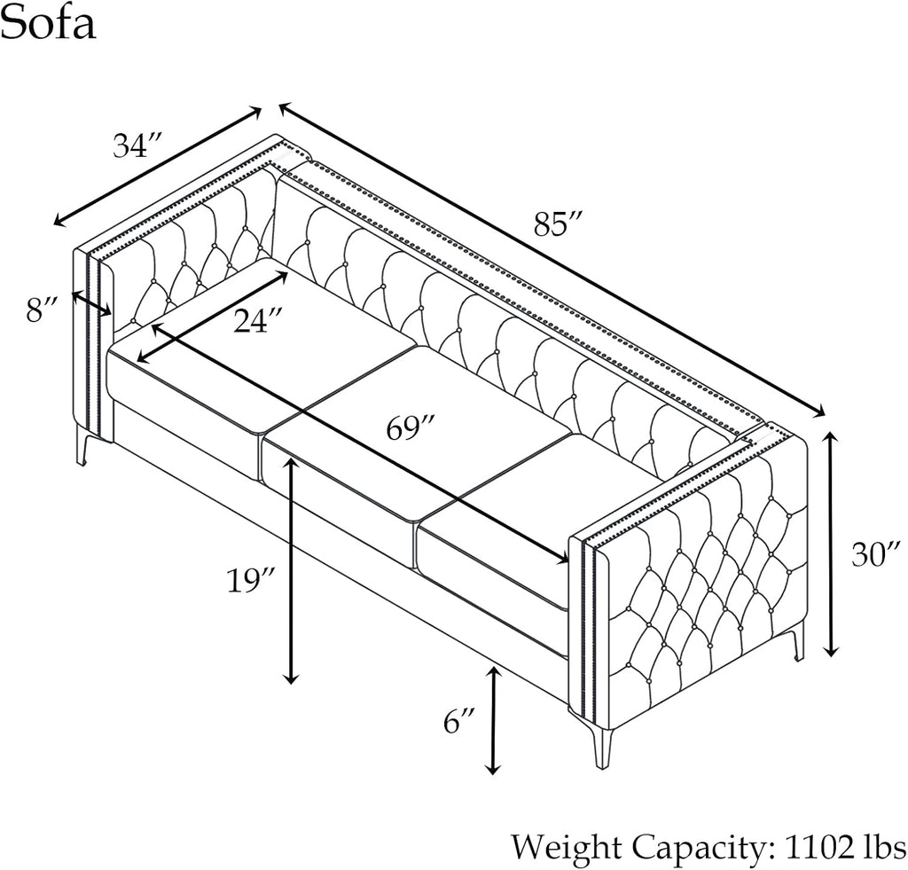 Morden Fort Sofas for Living Room, 85" Blue Chesterfield Sofa with Button Tufted & Nailhead Trim, Classic Velvet Upholstered Sofa for Office, Apartment, Home