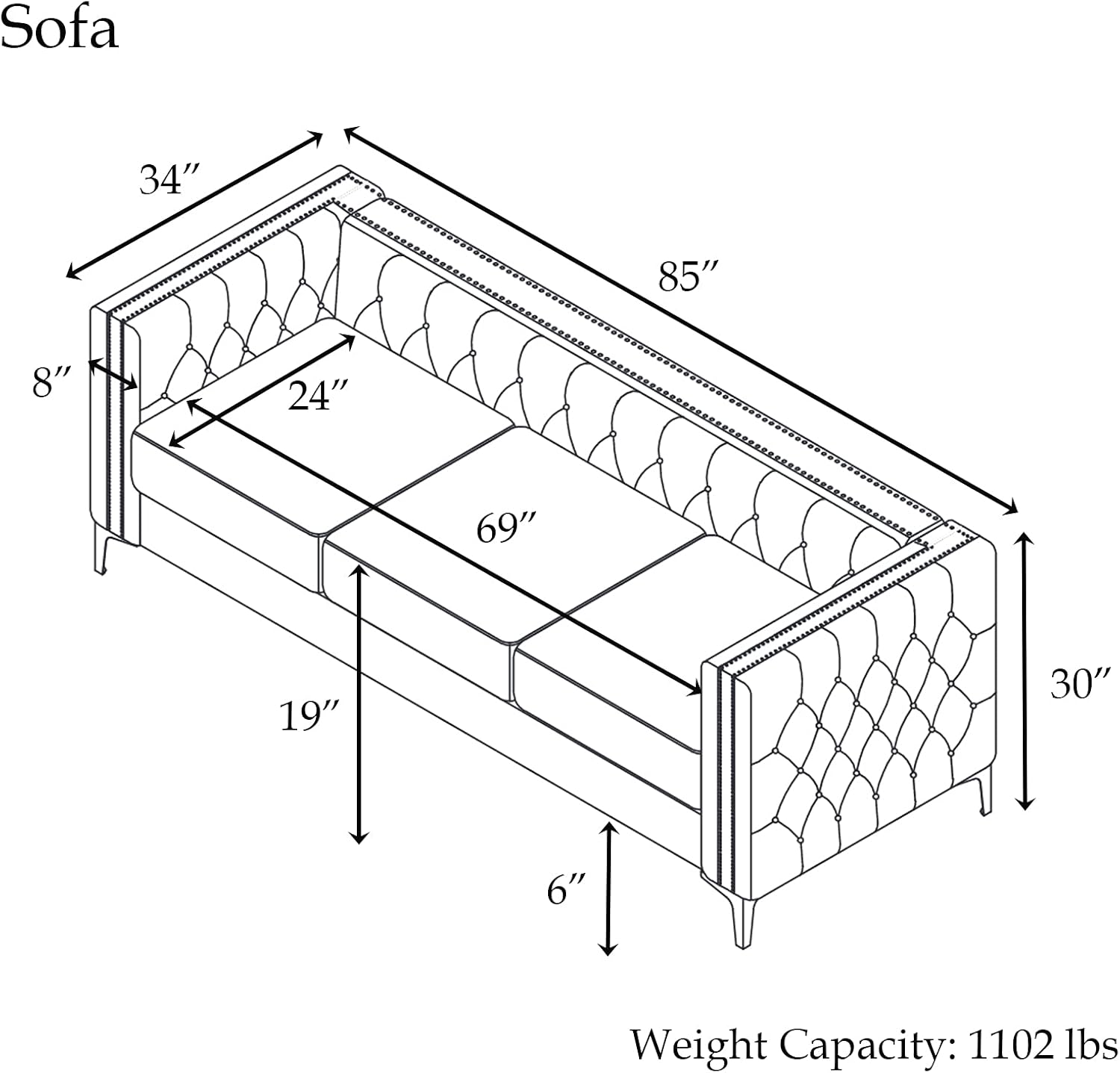 Morden Fort Sofas for Living Room, 85" Blue Chesterfield Sofa with Button Tufted & Nailhead Trim, Classic Velvet Upholstered Sofa for Office, Apartment, Home