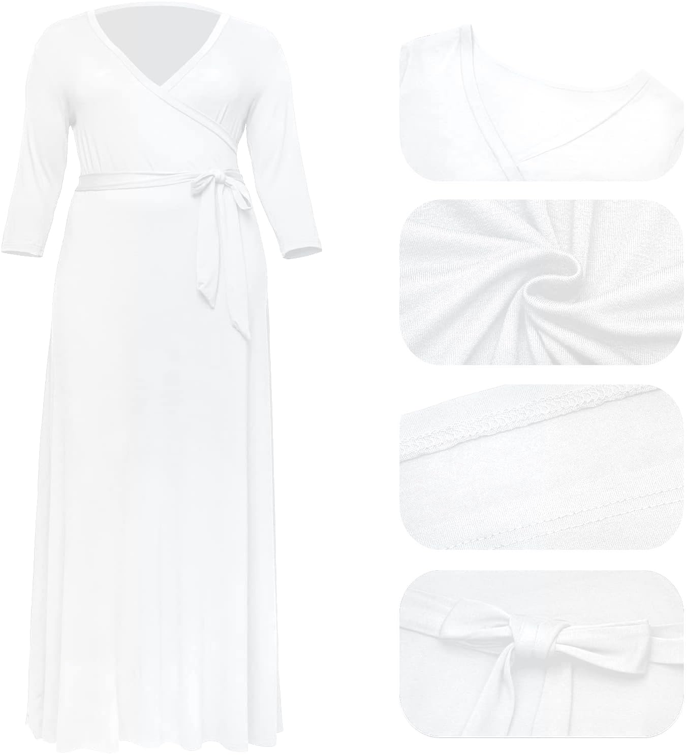 White Summer Dresses for Women Plus Size, Sexy V Neck 3/4 Sleeve Maxi Dress for Easter Wedding Guest XL