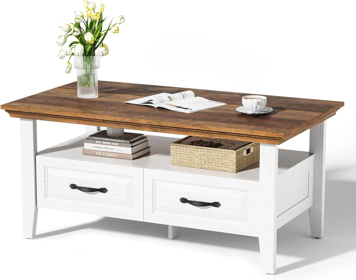 Amada Coffee Table for Living Room, 39.4" Small Coffee Table with Storage, Open Display Shelf and Hidden Drawers, Farmhouse Wood Center Table Ideal for Home Office, White and Oak