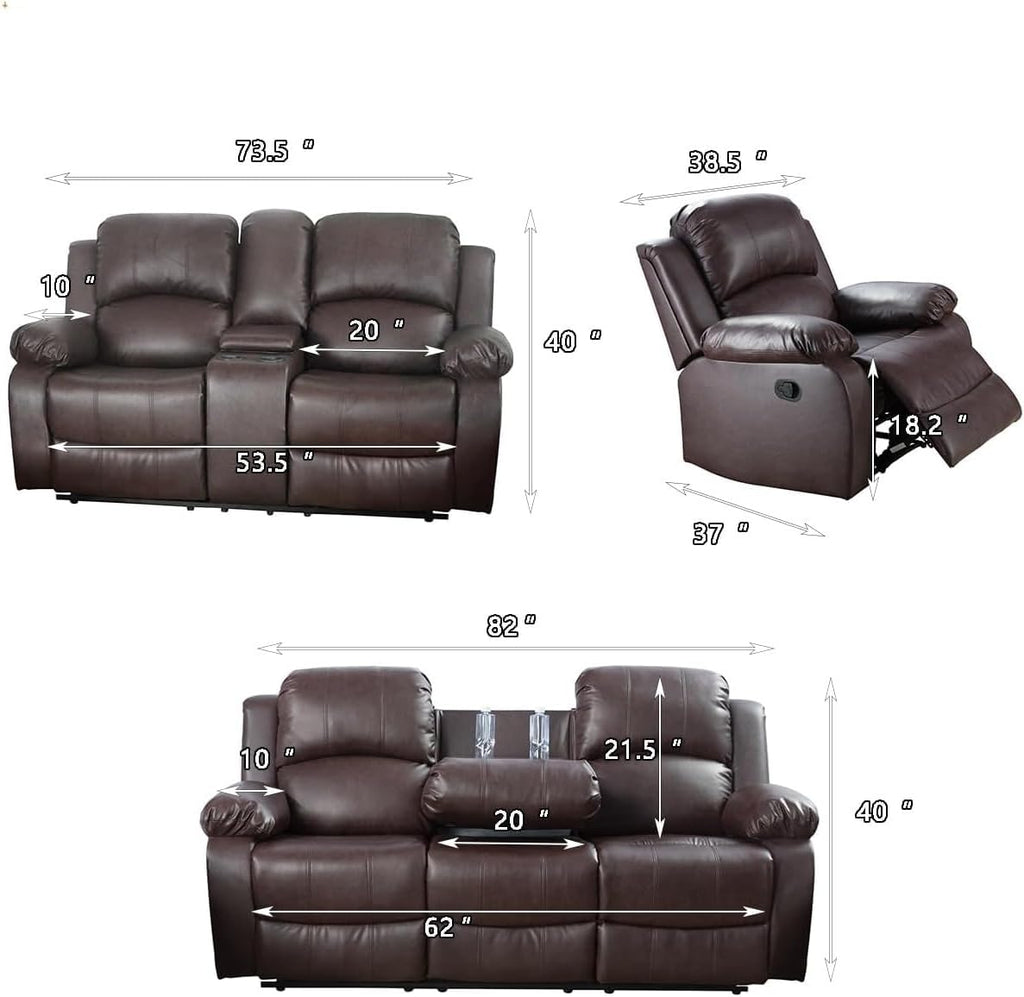 Bonded Leather Living Room Furniture Set Reclining Sofa Set Loveseat Furniture Sets in Living Room Sofa Recliners (3 Pieces, Brown)