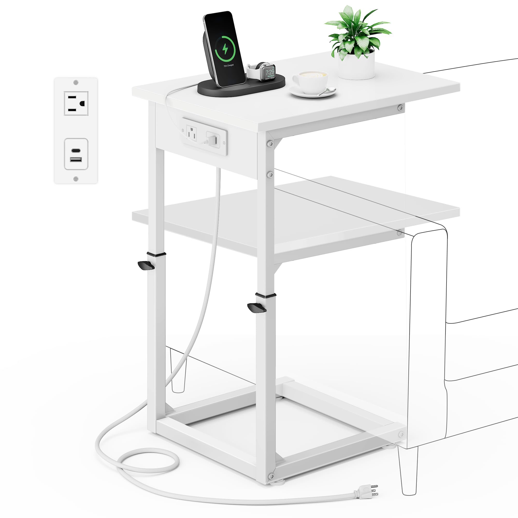 Vagusicc C Shaped End Table, 33" Tall Couch Table Adjustable Height Side Table, Sofa Table That Slide Under, C Table End Table TV Tray Coffee Arm Table for Living Room, Bedroom, Small Spaces, Brown