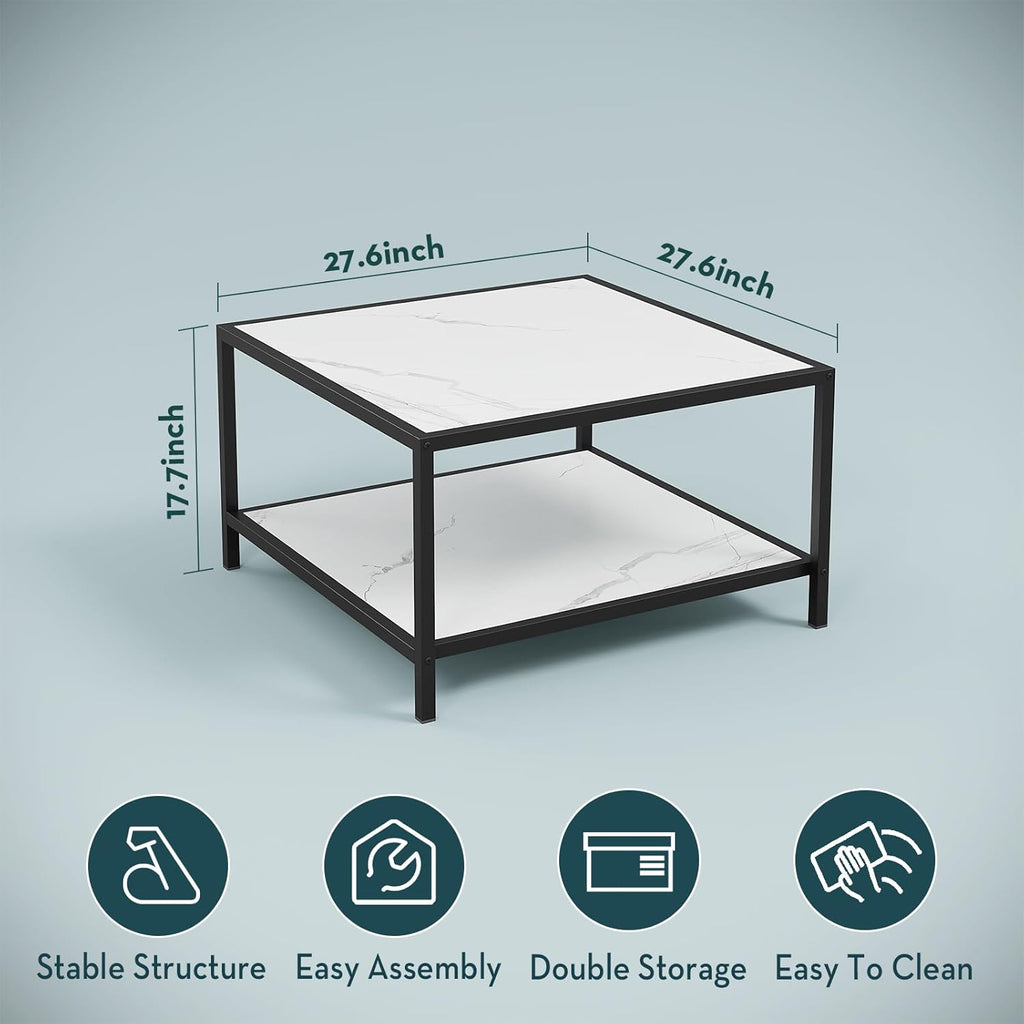 SAYGOER White Coffee Table with Storage 2 Tier Modern Suqare Coffee Tables for Living Room Small Faux Marble Center Table for Office Apartment Home, Easy Assembly