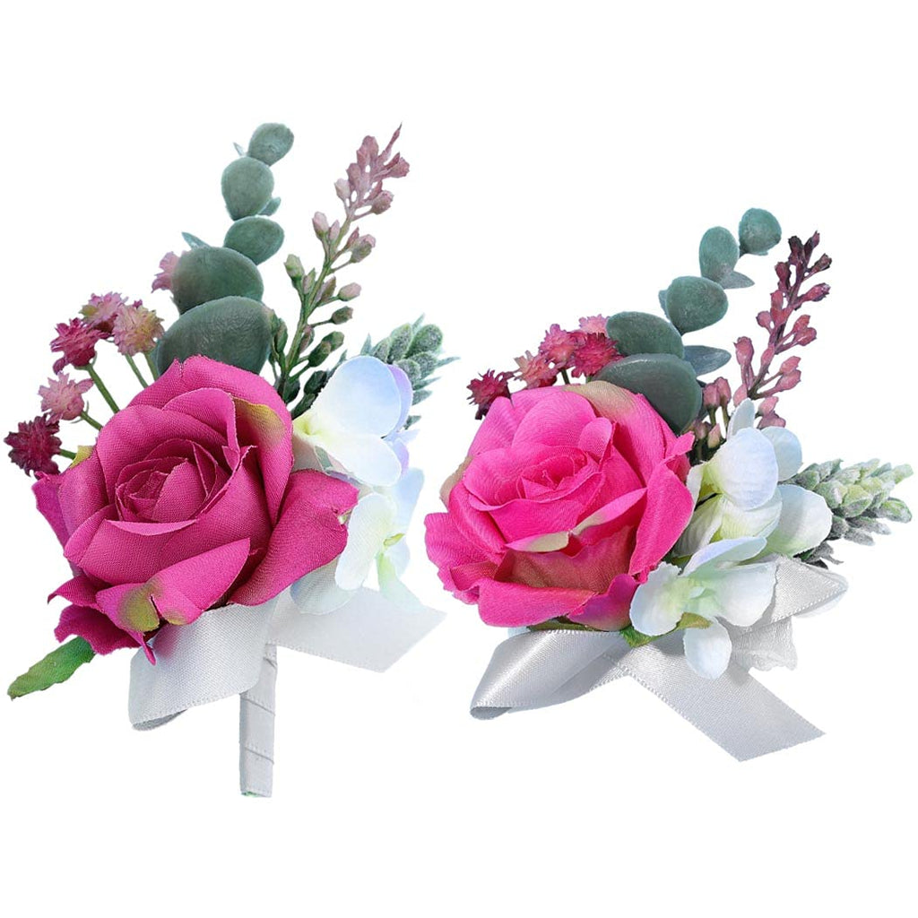 Campsis Wedding Corsage Boutonniere Set Pink Rose Flower Wrist Bride Buttonholes Flower Decor Bride Girls Lady Accessories for Prom and Dinner Party(2pcs)