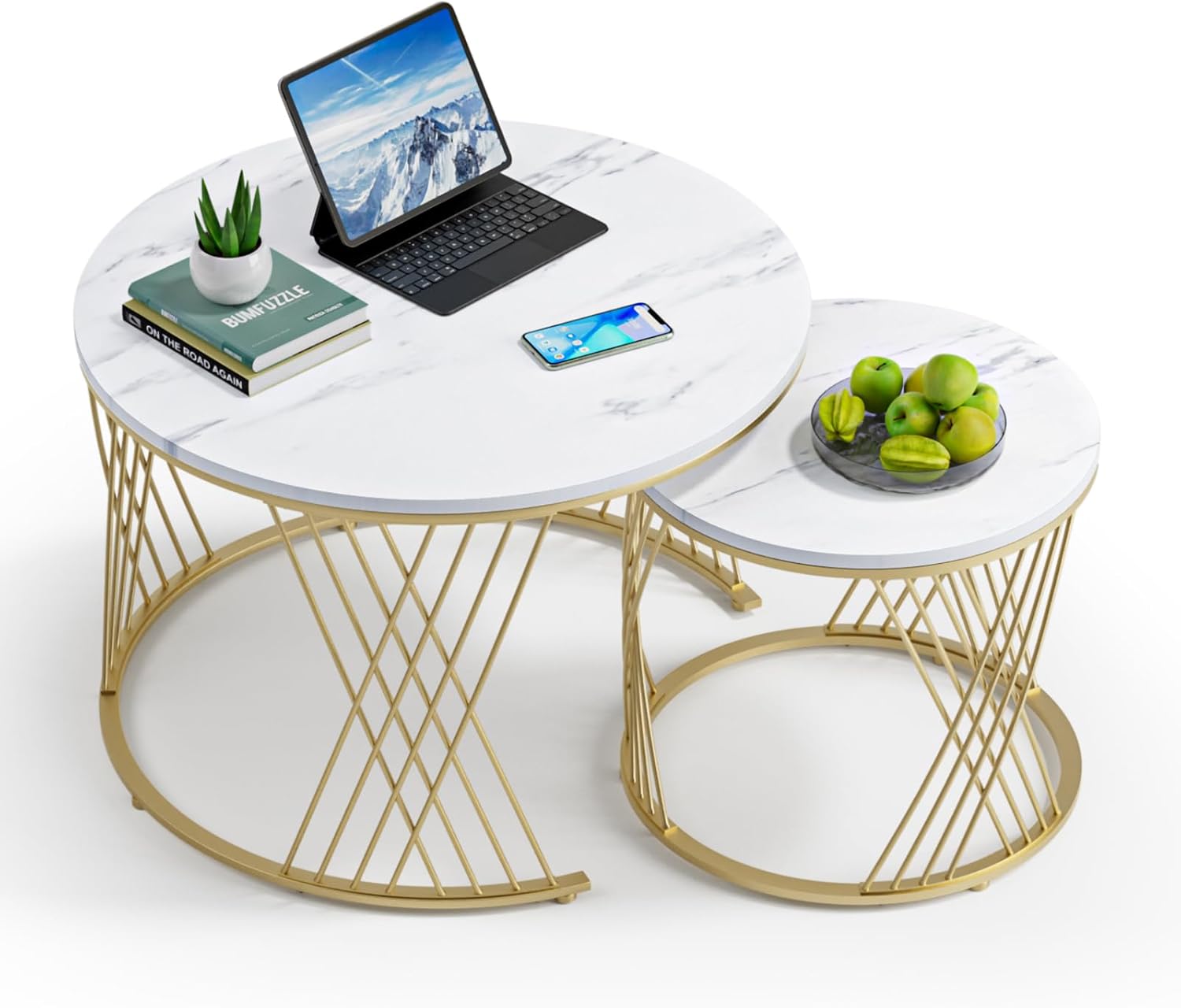 Giluta Round Coffee Table Set of 2, Modern Coffee Tables for Living Room, Faux Marble Center Table, Nesting Coffee Table Simple Nightstand