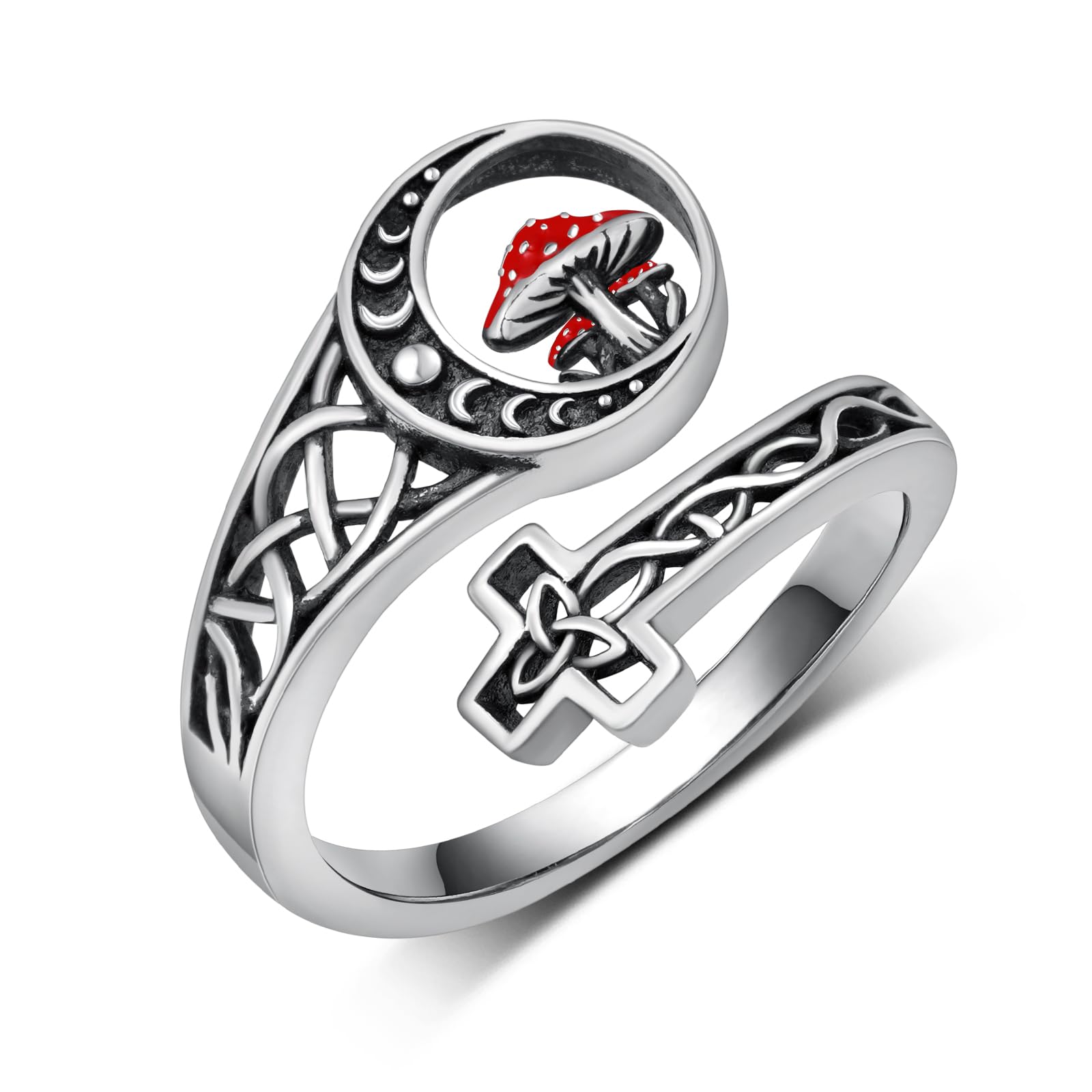 Moon Mushroom Ring for Women,925 Sterling Silver Magical Red Mushroom Rings Moon Phase Open Rings,Anniversary Birthday Gifts for Women Teen Mom