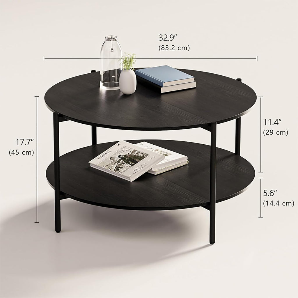 Round Coffee Table, 2-Tier 32.9" Circle Coffee Tables with Storage Wood Rustic Farmhouse Center Circular Coffee Table for Living Room Bedroom Balcony Office - Black