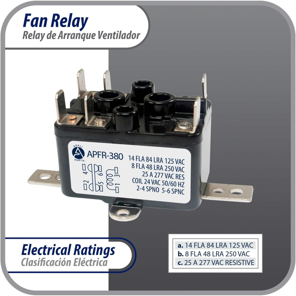 Appli Parts APFR-380 90-380, 24 VAC Coil, Heavy Duty Switching Fan Relay, SP Normally Open, SP Normally Closed, AC and heating Furnace blower relay Universal fit multi position bracket