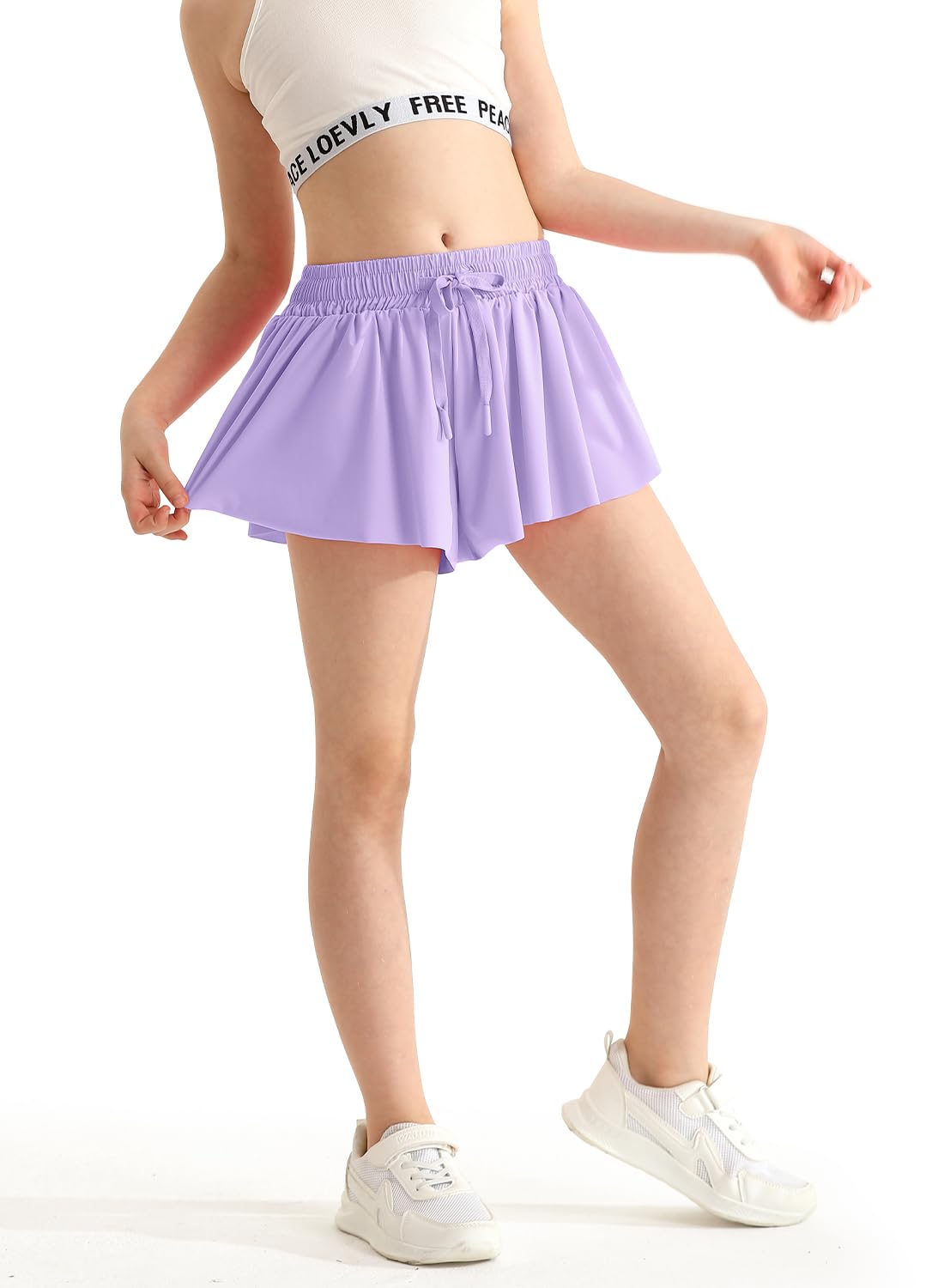 Schmetterlings-Shorts Mädchen Süß Lila mit Tasche Schnell trocknend Athletisch Fließende Röcke für Cheer, Laufen, Fitness Mädchen Shorts Größe 10-12