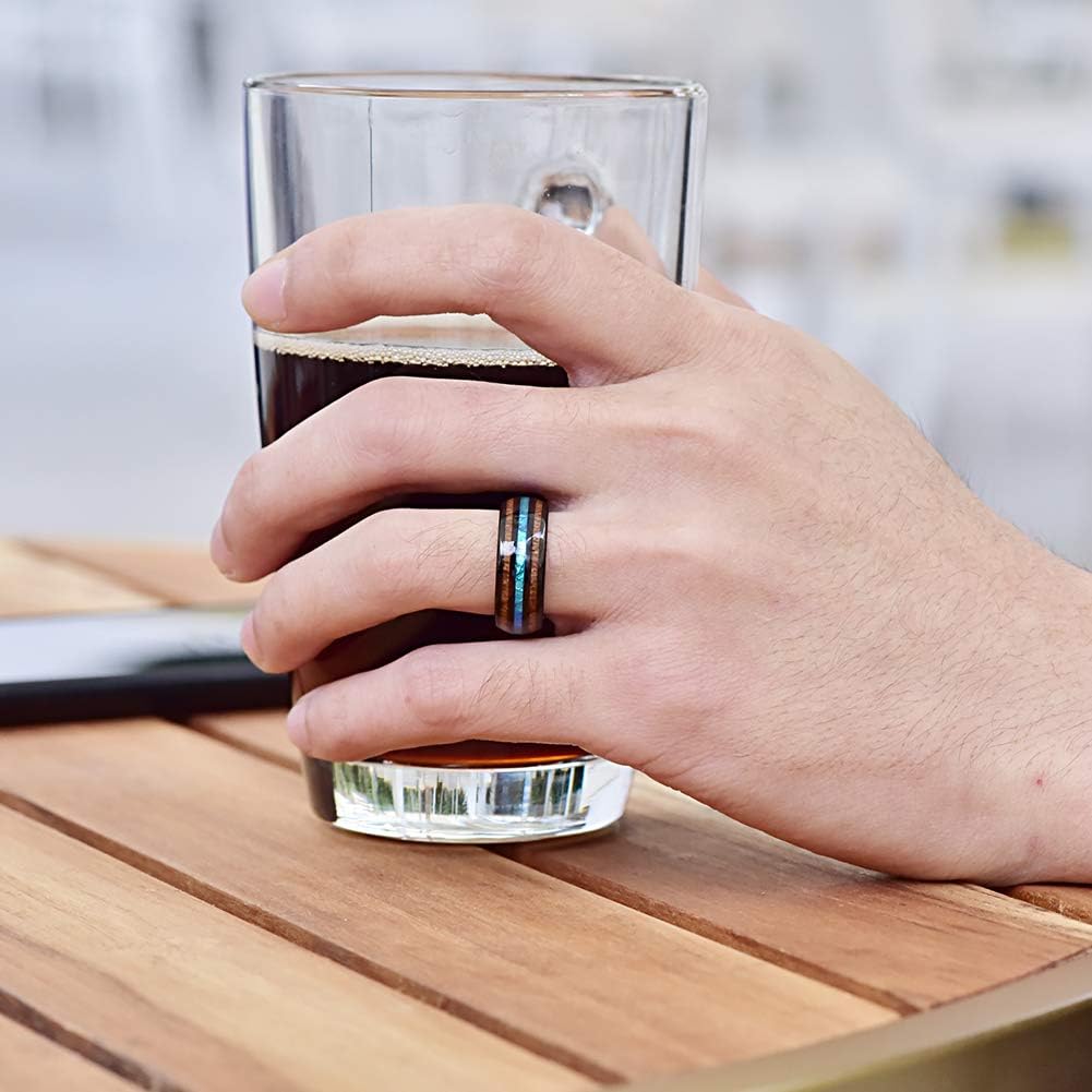 Vakki 6mm/8mm Tungsten Rings for Men Hawaiian Koa Wood Inlay Dome Abalone Shell/Blue Center Wedding Bands Comfort Fit Size 4 to 17