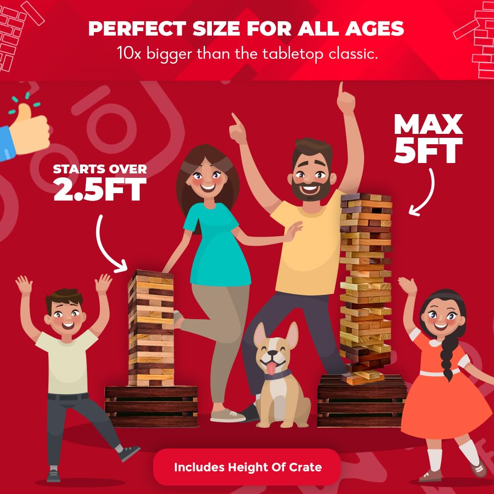 SWOOC Игры - Восстановленная гигантская башня (устойчивая к погоде) 60 блоков + ящик для хранения/уличный игровой стол | Стекается до 5 футов | Уличные настольные игры для взрослых