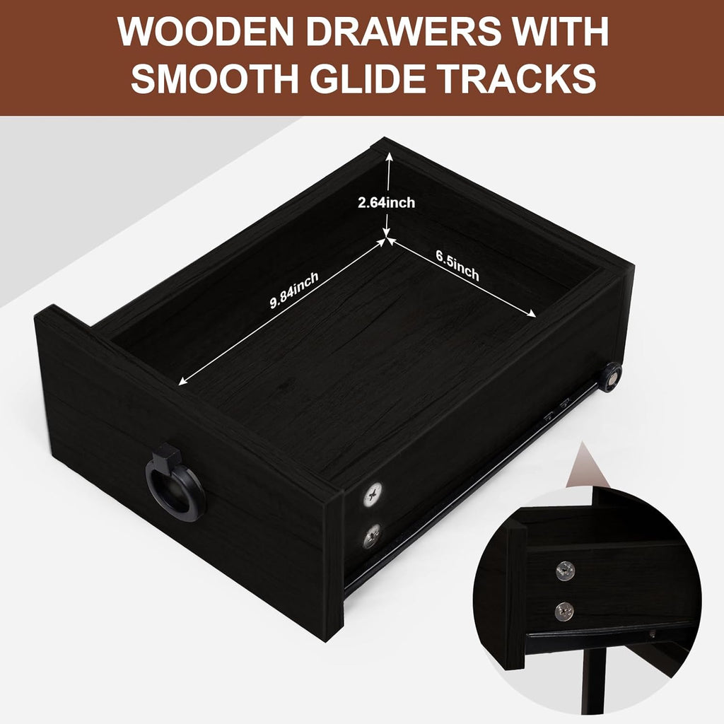 Small Black Side Table Charging Station for Bedroom, Narrow Black Living Room End Tables with Storage, Skinny USB Nightstand with Outlet, Gaming Coffee Table for Couch with USB Ports