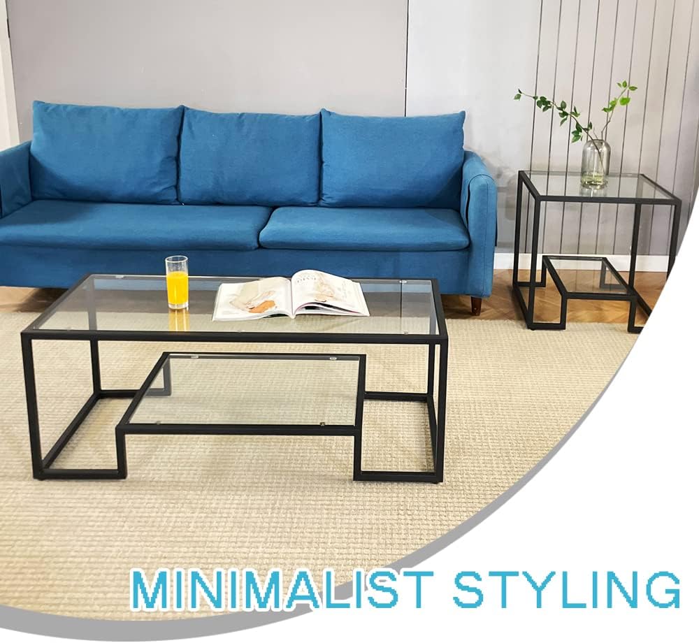 Black Metal Glass Coffee Table - Simple Center Coffee Table for Living Room Home, Metal Frame Coffee Table with 2 Shelves,Modern Table for Bedroom, Dinning Room,Office Decor