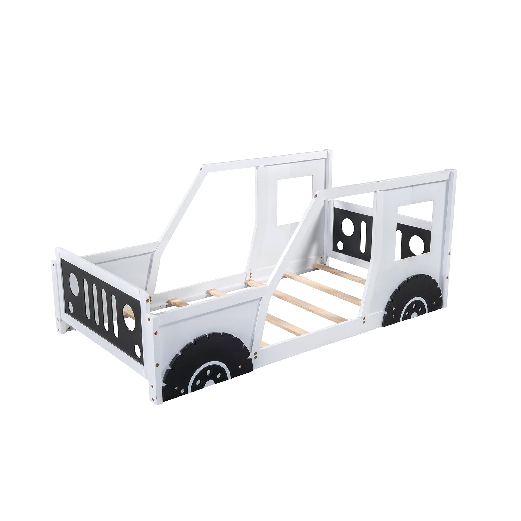 Tvillingestørrelse Børneseng, klassisk bilformet platformseng med hjul, træ tvilling Montessori gulvseng til drenge og piger, Lightning McQueen seng (hvid+sort)