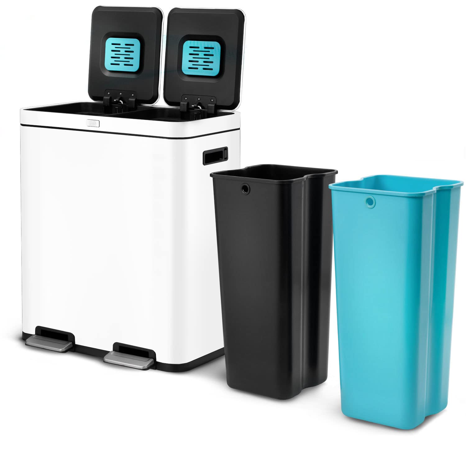 Home Zone Living 19 Gallon Kitchen Trash Can with Dual Compartments for Recycling, CleanAura Odor Control, Stainless Steel, Matte Black, 70 Liters Total